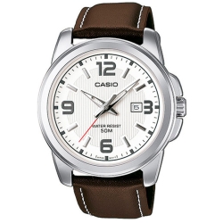 Reloj Casio de hombre, dial blanco con correa piel marrón, MTP-1314PL-7AVEF.