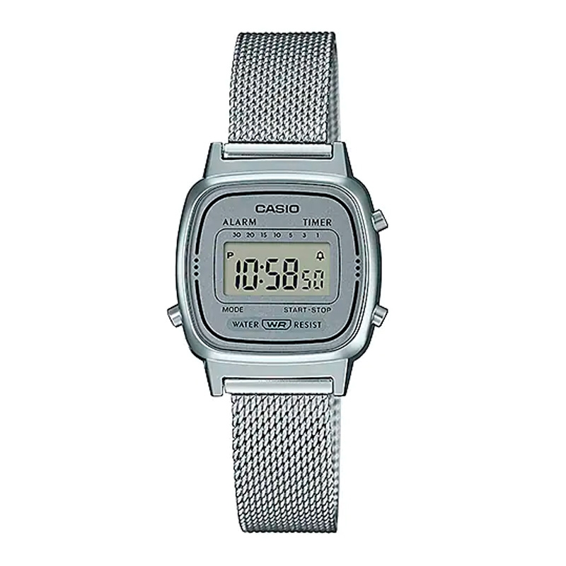 Reloj Casio Vintage de mujer, digital plateado con malla milanesa, LA670WEM-7EF.