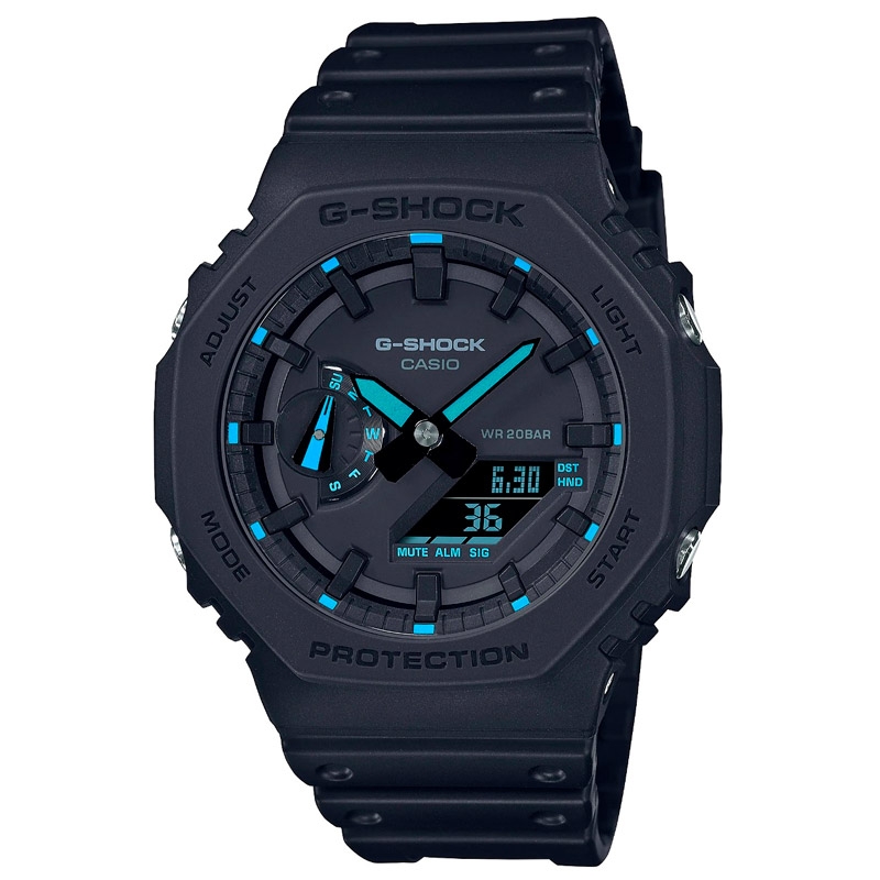 Reloj G-Shock hombre en negro y detalles multicolor flúor, GA-2100VB-1AER.