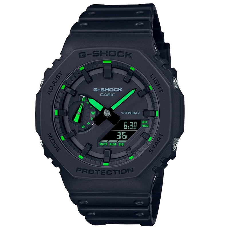 Reloj G-Shock de hombre en negro y detalles en verde flúor, GA-2100-1A3ER.