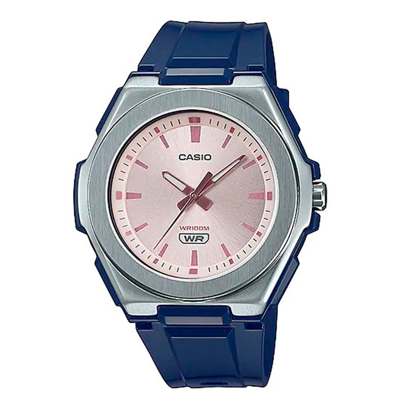 Reloj Casio Collection con esfera rosa y correa de silicona azul, LWA-300H-2EVEF.