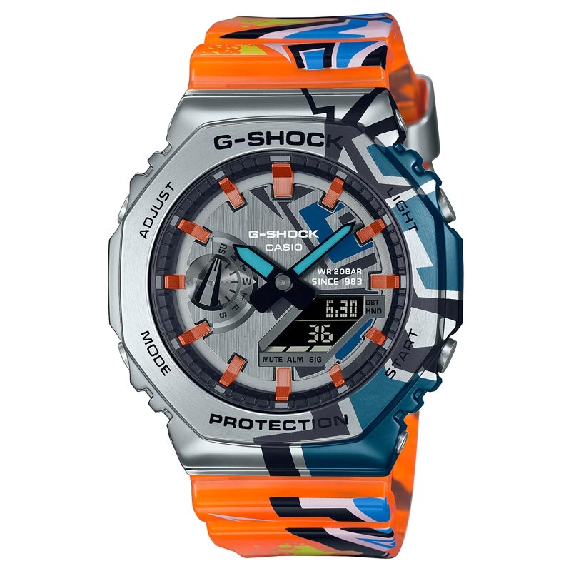 Reloj G-Shock Street Spirit con estampado grafiti y correa naranja, GM-2100SS-1AER.