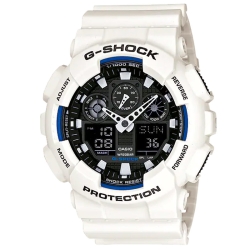 Reloj G-Shock Trend en blanco con esfera negra y orilla azul, GA-100B-7AER.