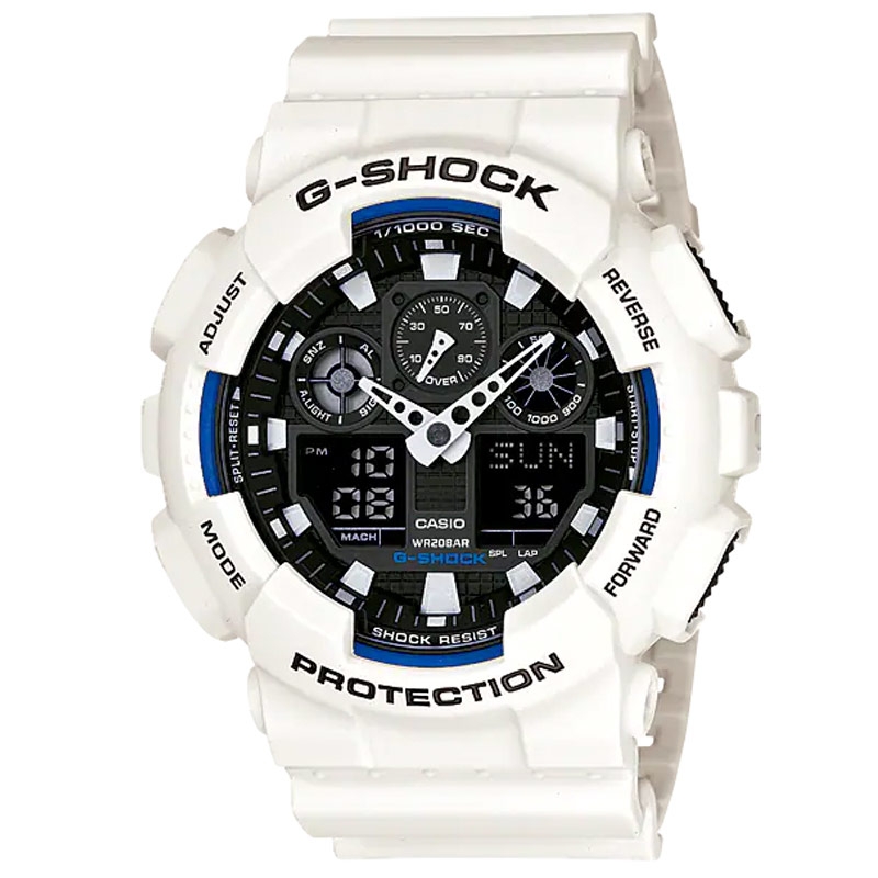 Reloj G-Shock Trend en blanco con esfera negra y orilla azul, GA-100B-7AER.