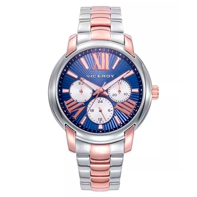 Reloj Viceroy Chic de mujer en acero bitono rosé con esfera azul y guilloché, 401268-33.