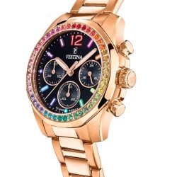 Reloj Festina Rainbow de mujer cronógrafo en acero dorado, dial negro y circonitas, F20639/3.