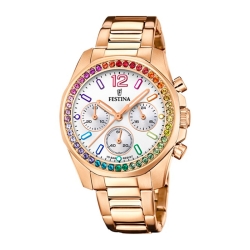 Reloj Festina Rainbow de mujer cronógrafo en acero dorado, dial blanco y circonitas, F20639/2.