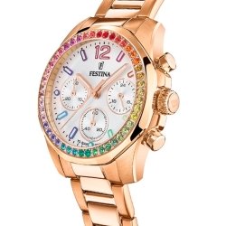 Reloj Festina Rainbow de mujer cronógrafo en acero dorado, dial blanco y circonitas, F20639/2.