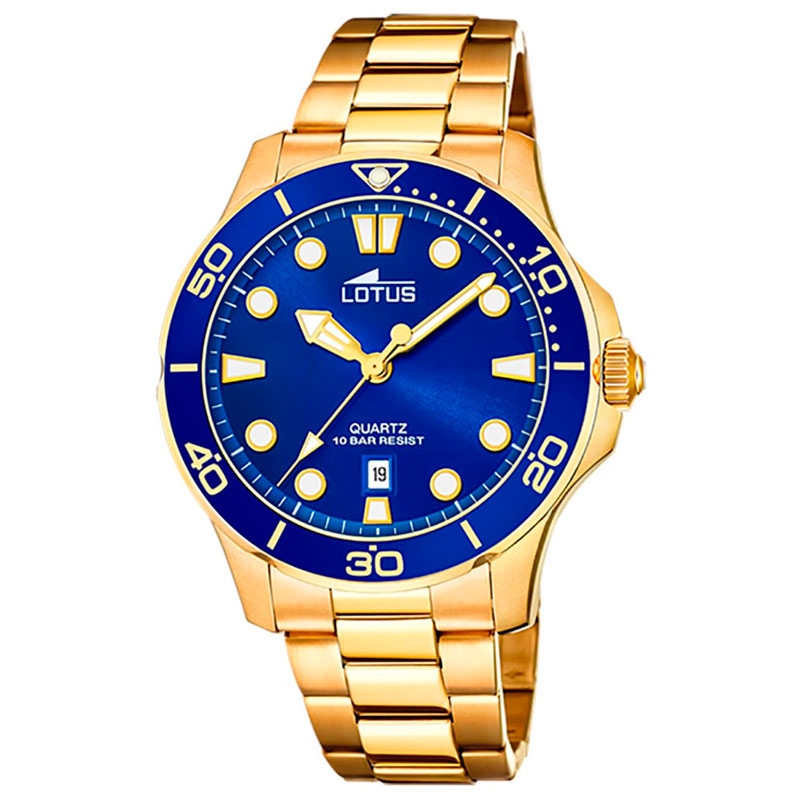 Reloj Lotus Excellent de hombre diver en acero dorado con dial y bisel azul, 18761/1.