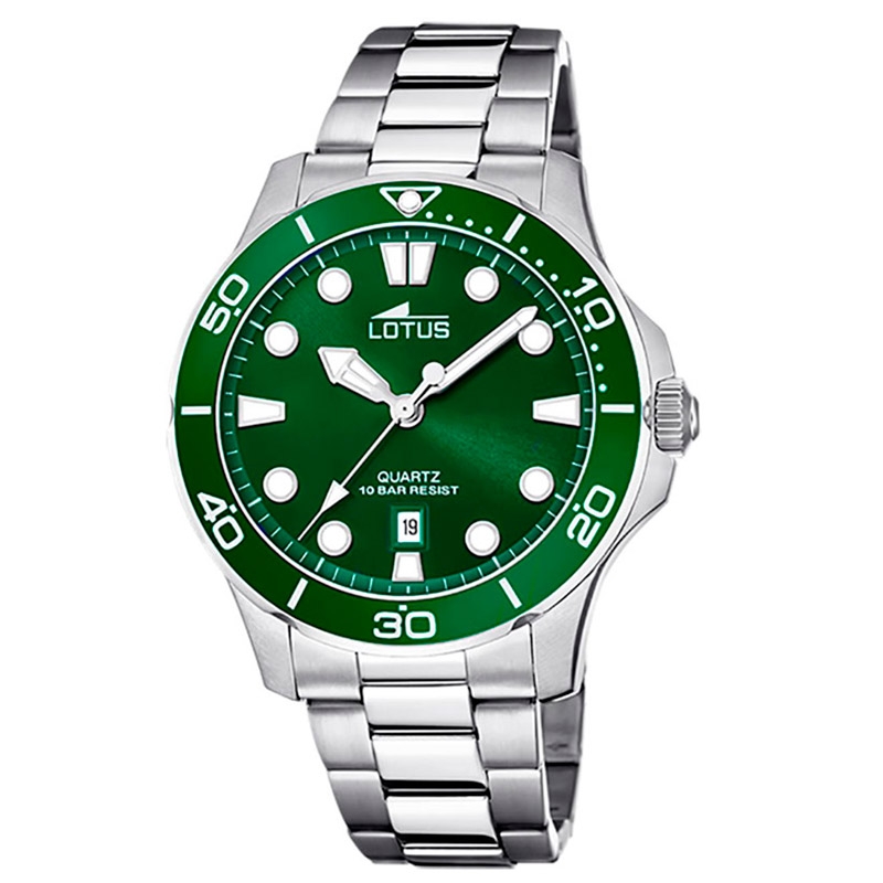 Reloj Lotus Excellent de hombre diver en acero con dial y bisel verde, 18759/2.