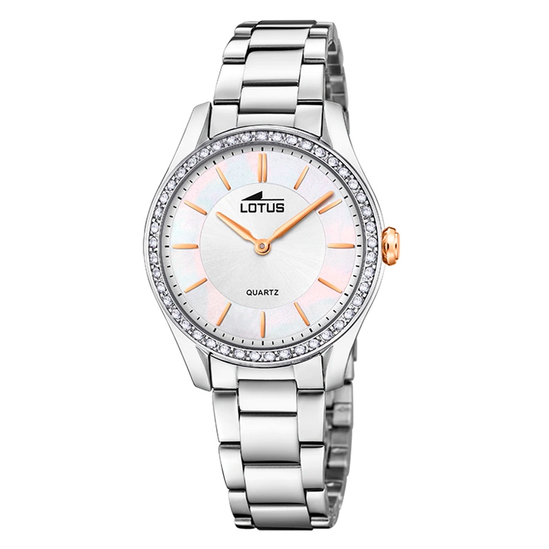 Reloj Lotus Bliss de mujer en acero pulido con esfera blanca y circonitas, 18796/4.