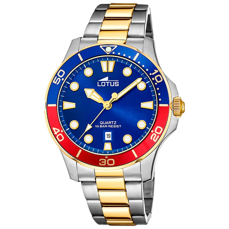 Lotus Excellent de hombre diver en acero dorado con bisel azul y rojo, 18760/4.