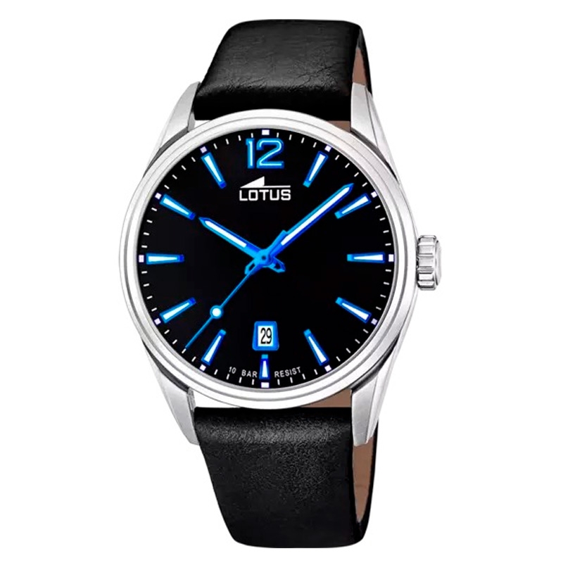 Reloj Lotus de hombre en acero con esfera negra y correa de cuero, 18693/6.