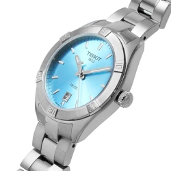 Reloj Tissot PR100 Lady Sport Chic de mujeres en acero con dial azul tiffany, T1019101135100.