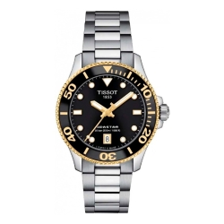 Reloj Tissot Seastar 1000 de hombre en acero esfera negra y detalles dorados, T1202102105100.