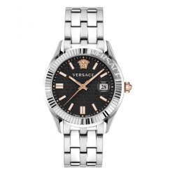 Reloj Versace Greca Time de hombres en acero con dial negro grabado, VE3K00322.