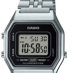 Reloj Casio Retro de mujer digital, plateado y esfera negra LA680WEA-1EF.