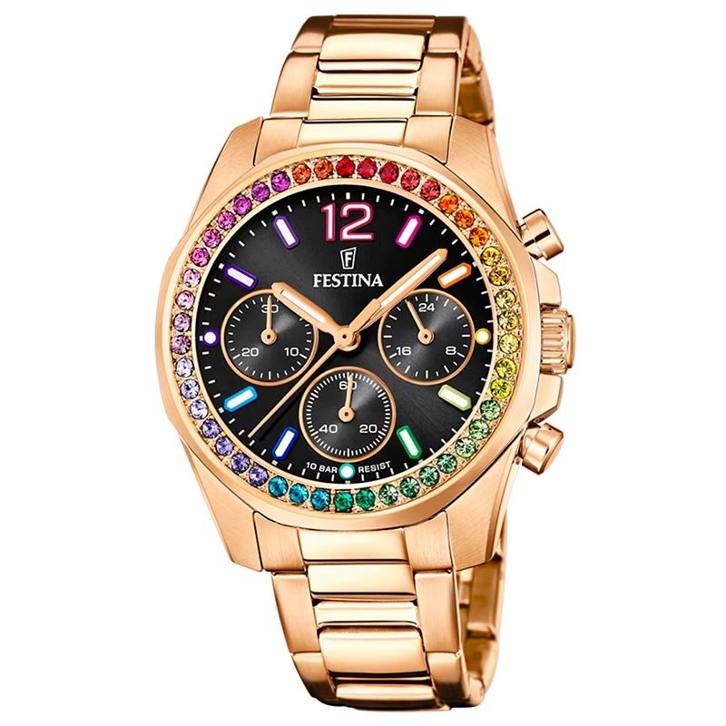 Reloj Festina Boyfriend Rainbow de mujer cronógrafo rosado, dial negro y circonitas, F20639/3.