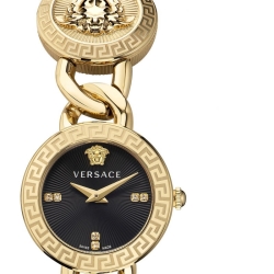 Reloj Versace Stud Icon de mujer en acero dorado y esfera negra, VE3D00422.