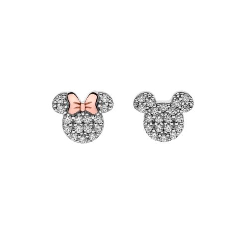 Pendientes Disney de Minie y Mickey hecho en plata con lazo dorado y circonitas, ES00015TZWL.