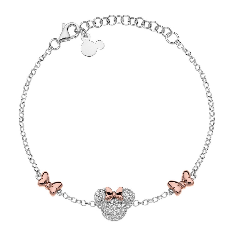Pulsera de plata Disney con Minnie, circonitas y lazos rosé, BS00041TZWL-55.CS