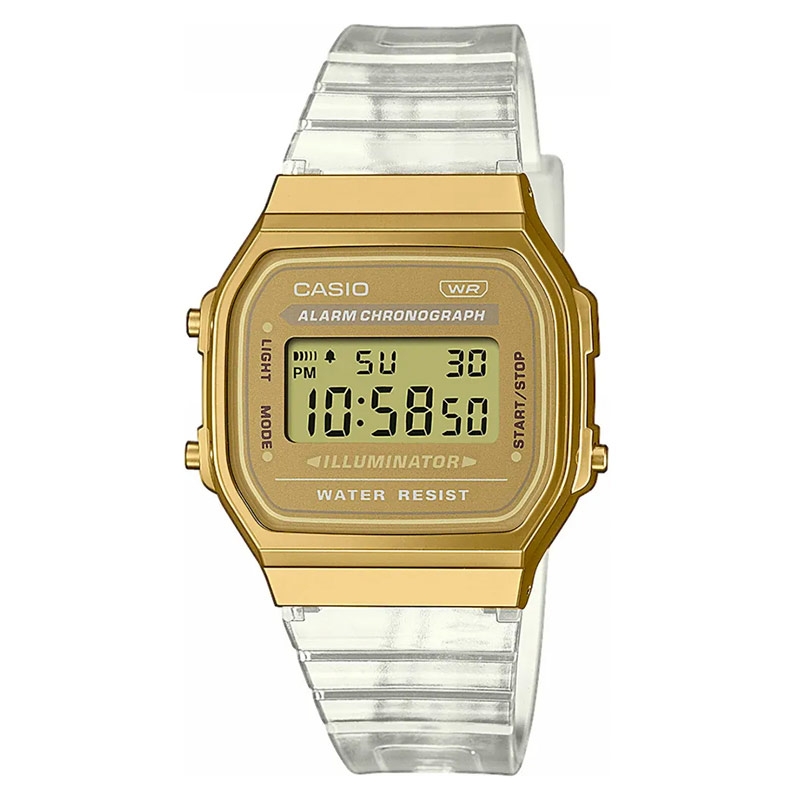 ✨ Reloj Casio Vintage dorado y correa transparente, A168XESG-9AEF.