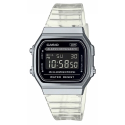 Reloj Casio Vintage plateado y correa silicona transparente, A168XES-1BEF.