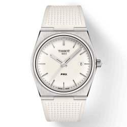 Reloj Tissot PRX T1374101701100 con esfera y correa de silicona blanca.