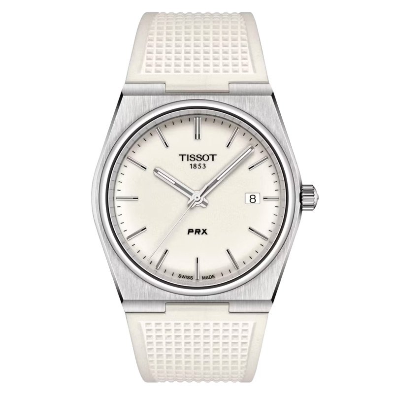 Reloj Tissot PRX T1374101701100 con esfera y correa de silicona blanca.