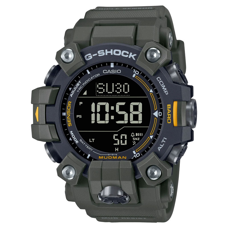 Reloj G-Shock Mudman Solar y Triple Sensor, verde y amarillo, GW-9500-3ER.