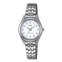 Reloj Casio de mujer clásico y plateado con esfera blanca, LTP-1129PA-7BEF.