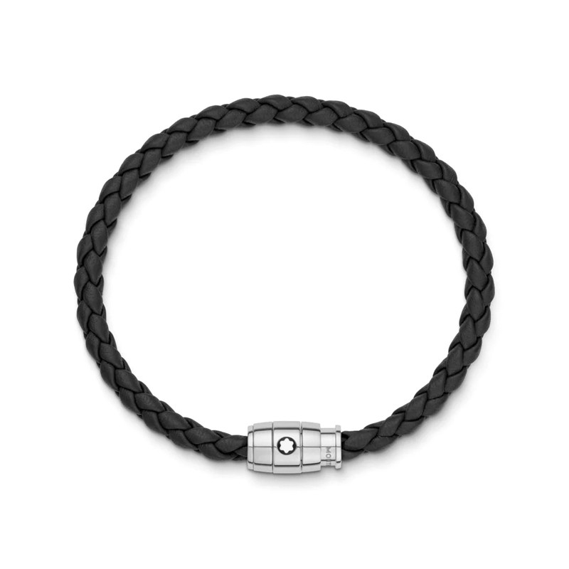 Pulsera Montblanc de piel negra trenzada y acero, 130895.