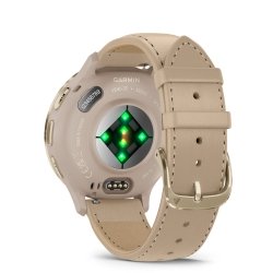 Reloj Garmin Venu® 3S correa piel beige y bisel dorado, 010-02785-55.
