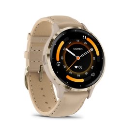 Reloj Garmin Venu® 3S correa piel beige y bisel dorado, 010-02785-55.