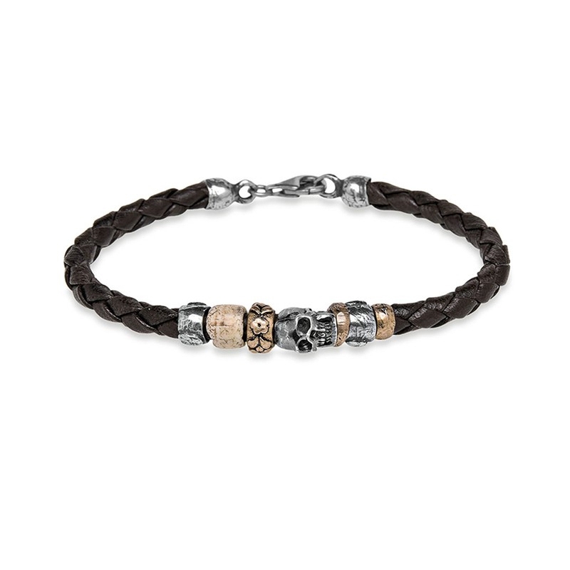 Pulsera de cuero, plata y bronce con calavera, Skull de Platadepalo, CAB39C.