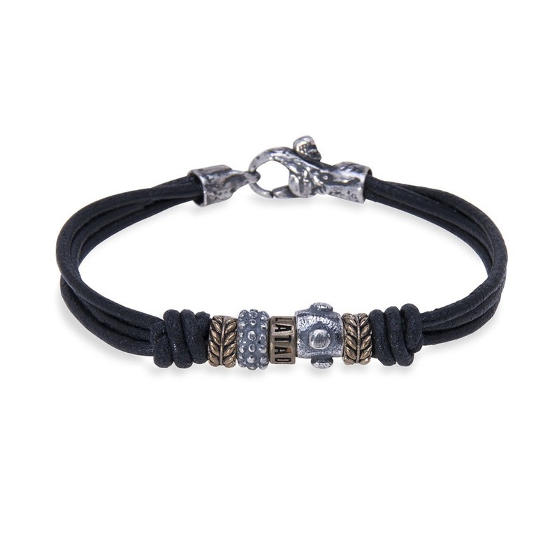 Pulsera en piel negra con plata y bronce, de Platadepalo, MB56C.