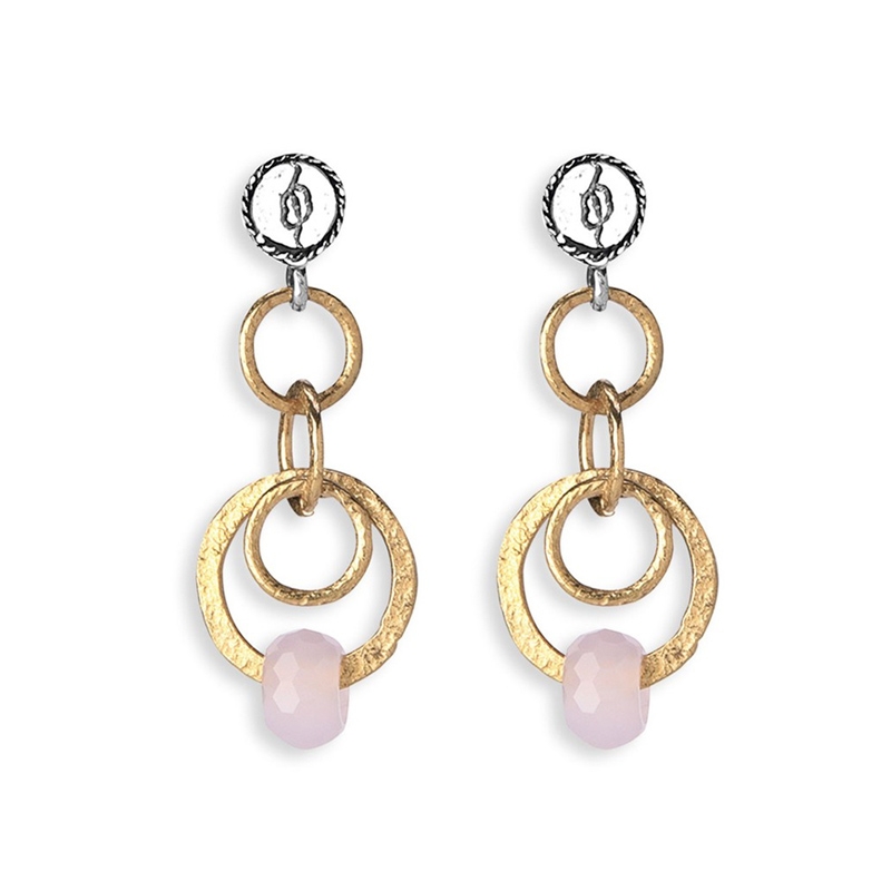 Pendientes largos en plata, bronce y cuarzo rosa, Platadepalo TE9D.