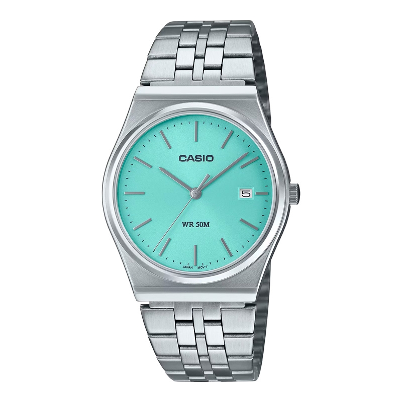 Reloj Casio Timeless en plateado y esfera turquesa, MTP-B145D-2A1VEF.