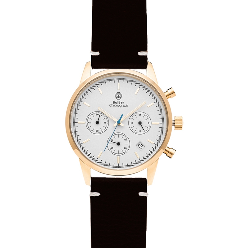Reloj Balber Chrono unisex dorado con correa negra y esfera blanca.