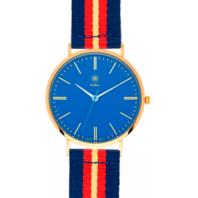 Reloj Balber unisex Original Leisure dorado, esfera azul y correa a rayas.