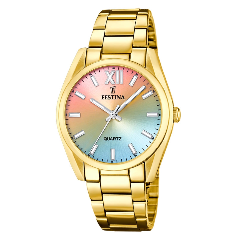 Reloj Festina Alegría de mujer dorado con esfera arcoíris, F20640/7.