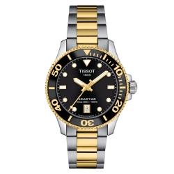 Reloj Tissot Seastar 1000 bicolor, esfera negra y 36 mm, T1202102205100.