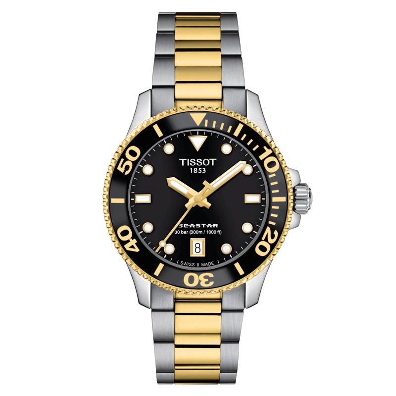 Reloj Tissot Seastar 1000 bicolor, esfera negra y 36 mm, T1202102205100.