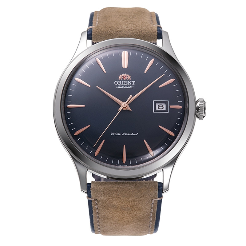 Reloj Orient Bambino automático, esfera azul y correa aterciopelada, RA-AC0P02L10B.