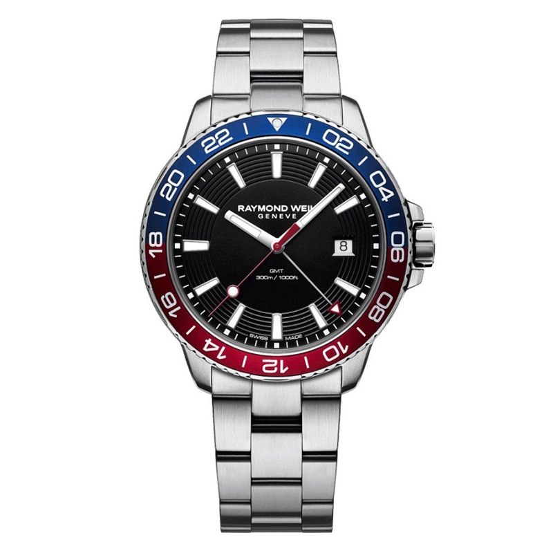 Reloj Raymond Weil Tango 8280-ST3-20001 hombre, diver 300m, GMT con bisel azul rojo.