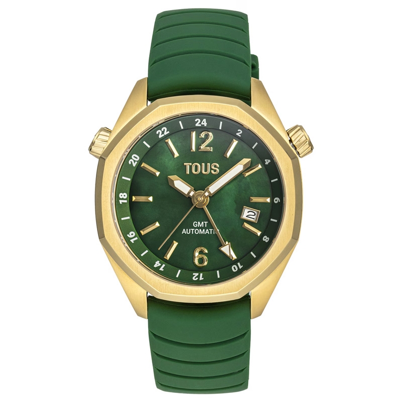 Reloj Tous Now automático con GMT en dorado y correa verde, 3000133600.