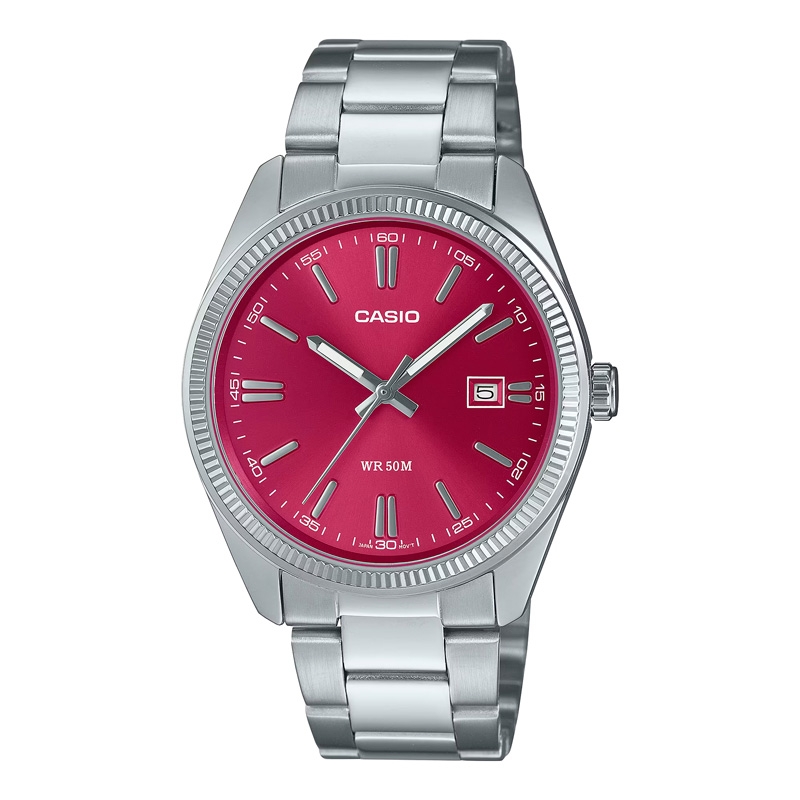 Reloj Casio plateado con esfera rojo cereza, MTP-1302PD-4AVEF.