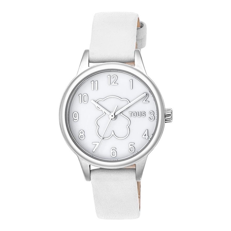 Reloj Tous New Muffin con osito para niñas en acero con correa de cuero blanco, 200351093.