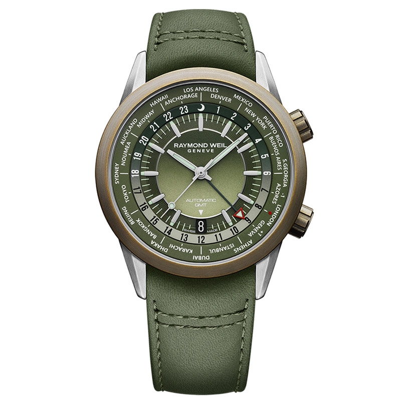 Reloj Raymond Weil Freelancer GMT Worldtimer en verde y bronce 2765-SBC-52001.