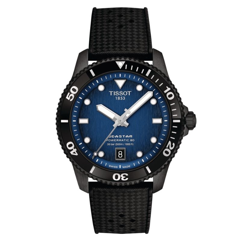 Reloj Tissot Seastar 1000 Powermatic 80 en negro y esfera azul, T1208073704100.